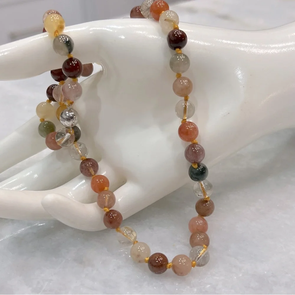 Multi Rutilated Quartz Bead Sterling Silver 18” Necklace with Magnetic Clasp